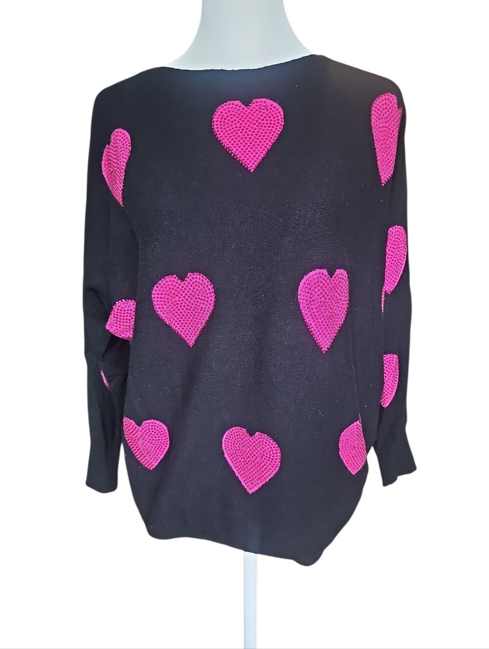 Liv Milano Valentines Feminine Rhinestone Heart Print Long Sleeve Blouse Small